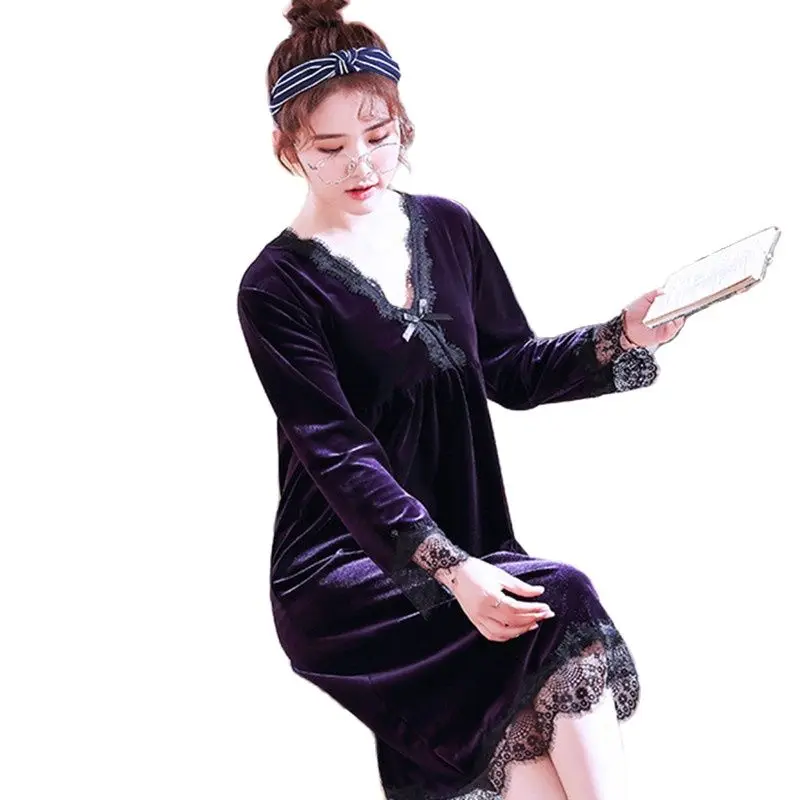 Элегантная кружевная ночная рубашка Fdfklak женская теплая Домашняя одежда с