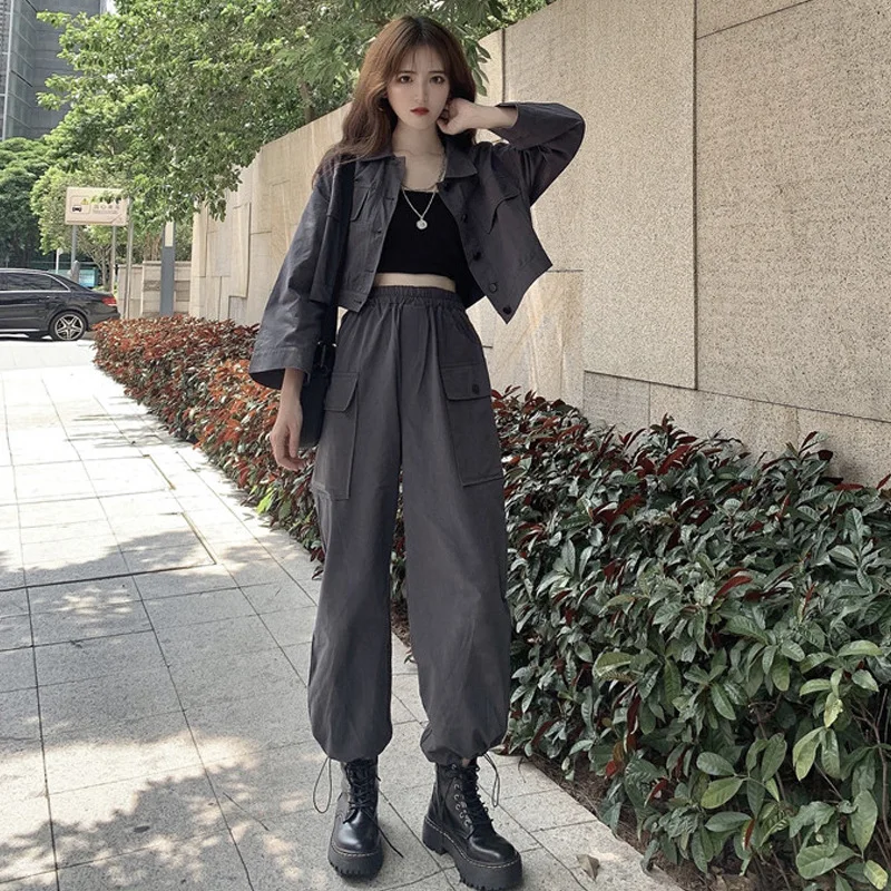 Женский осенний комплект из 2 предметов черный топ и повседневные брюки