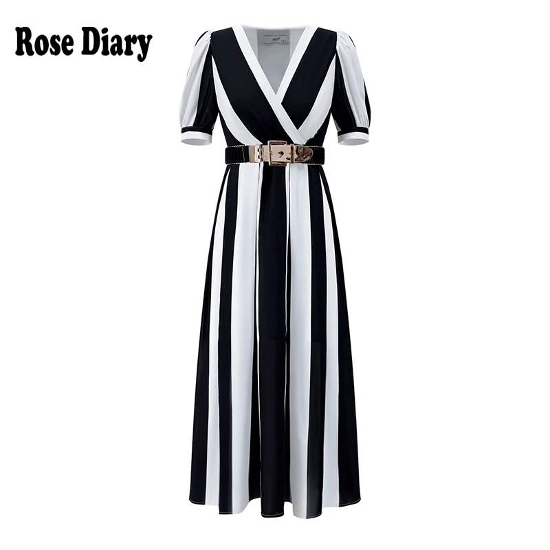 

RoseDiary HIGH QUALITY 2021 Newest Designer Striped Dress Women's Short Sleeve V-Neck Color Block Notched Collar Dress