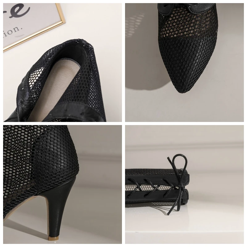 

ORCHA LISA Ladies Knee Boots 2021 Pointed Toe 8.5cm Spike Heels Lace-Up Sexy Mesh INS Breathable Big Size 32-47 Summer C2231
