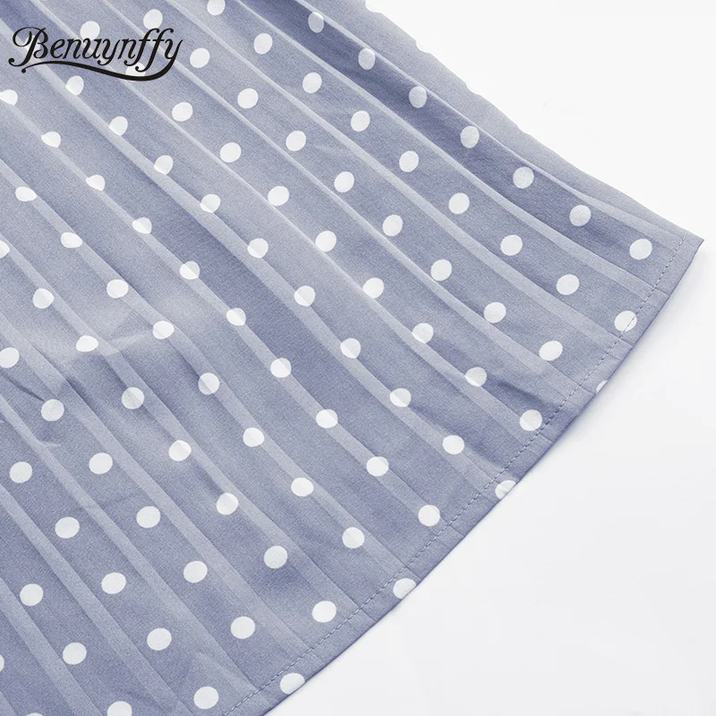 

Benuynffy Stand Collar Polka Dot Pleated Midi Dresses Women 2021 Summer OL Elegant Short Puff Sleeve Dress With Belt