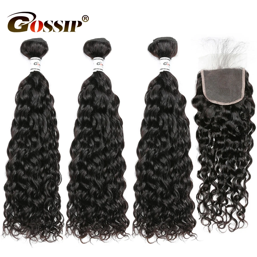 Волна воды 3 пучка с закрытием сплетни 4*4 Кружева Закрытие пучками Remy бразильские