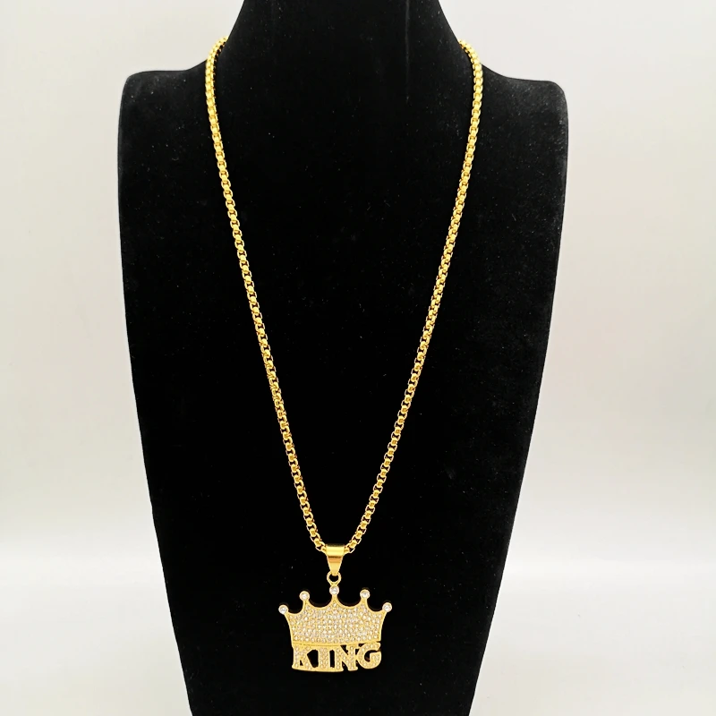 БлингБлинг полная корона-подвеска KING с кристаллами, золотая нержавеющая сталь, корона Короля хип-хопа рэпера, танцора.
