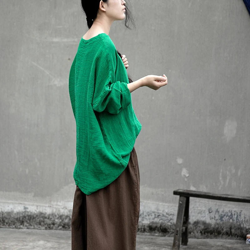 Женские хлопковые льняные футболки Johnature зеленые весенние свободные