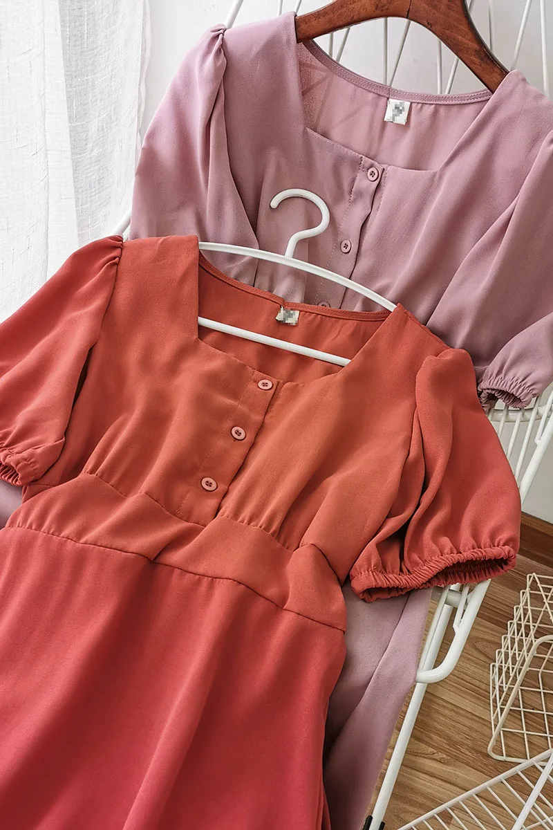 

2020 New Summer Women Solid Chiffon Long Dress Simple Casual Square Collar Slim Short Sleeve Loose Calf-length Dresses
