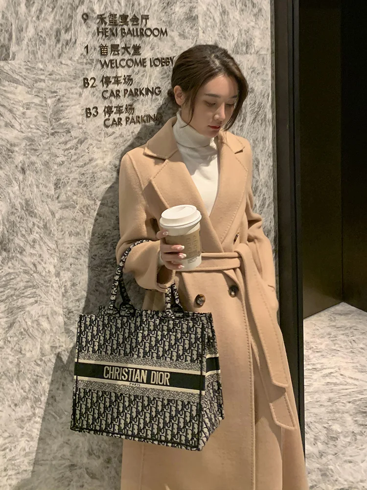 

Женское двубортное кашемировое пальто, классическое тонкое шерстяное пальто в стиле Хепберн, Осень-зима 2021