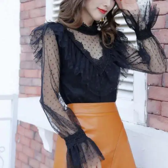 Женская блузка в горошек кружевная рубашка с открытой спиной и длинным рукавом
