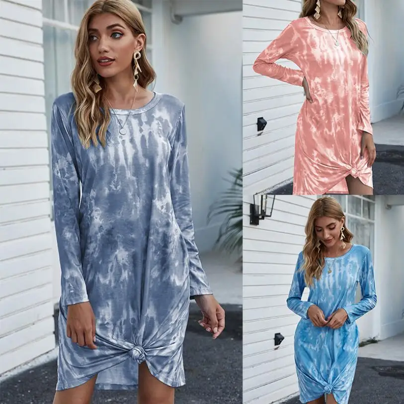 

LISCN 2021 Autumn And Winter European Casual Women's Dress Tie-Dye Gradient Color Loose Long-Sleeve Pocket Ladies Dress 3313#