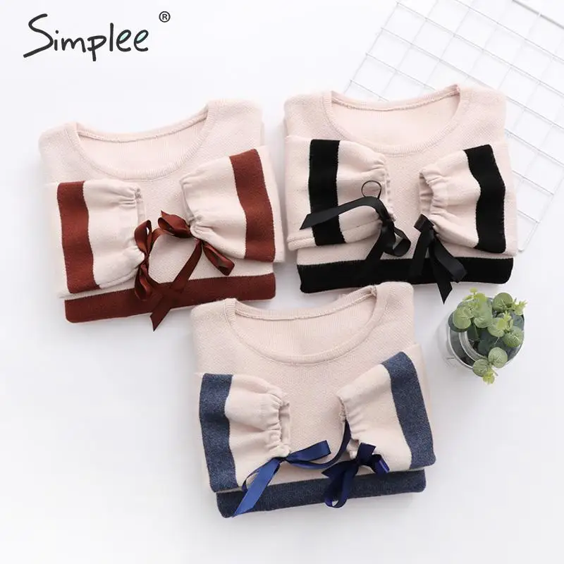 Simplee Leisure striped o-neck women pullover sweater Autumn winter bow tie sleeve female Long ladies jumper 2019 | Женская одежда