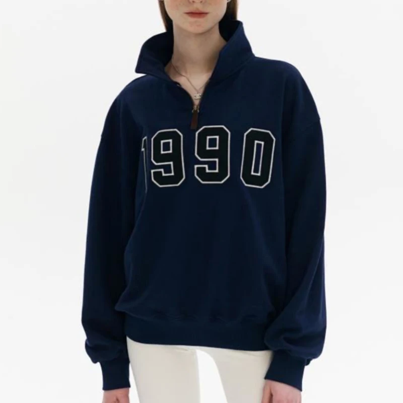 

Ruelen Casual Lapel Long Sleeve Digital Pullover Zipper Half Cardigan Sweater Women Spring 2022