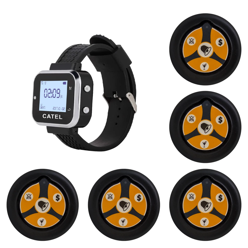 CATEL 5 Button 1 Watch Wireless Calling System Call Button Transmitter Paging Pager for Restaurant Waiter Service Bell Buzzer