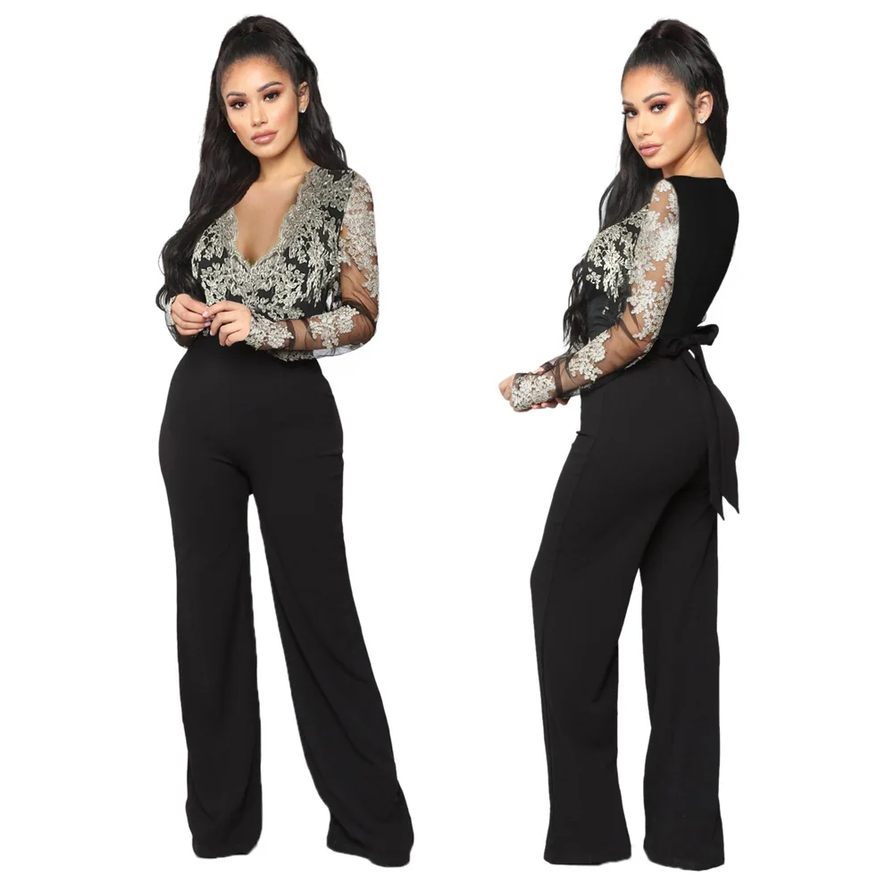 

Wide Leg Casual Jumpsuit Sexy Women V-neck Elegant Lace Party Straight Overalls Romper