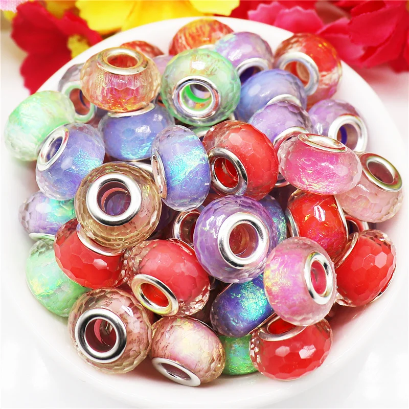 

10Pcs Mixed Color Faceted Cut Resin Murano Charm Large Hole European Spacer Beads Fit Pandora Bracelet Necklace Jewelry Making
