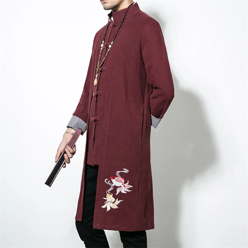 Осенняя мужская длинная куртка из хлопка и льна повседневная в китайском стиле