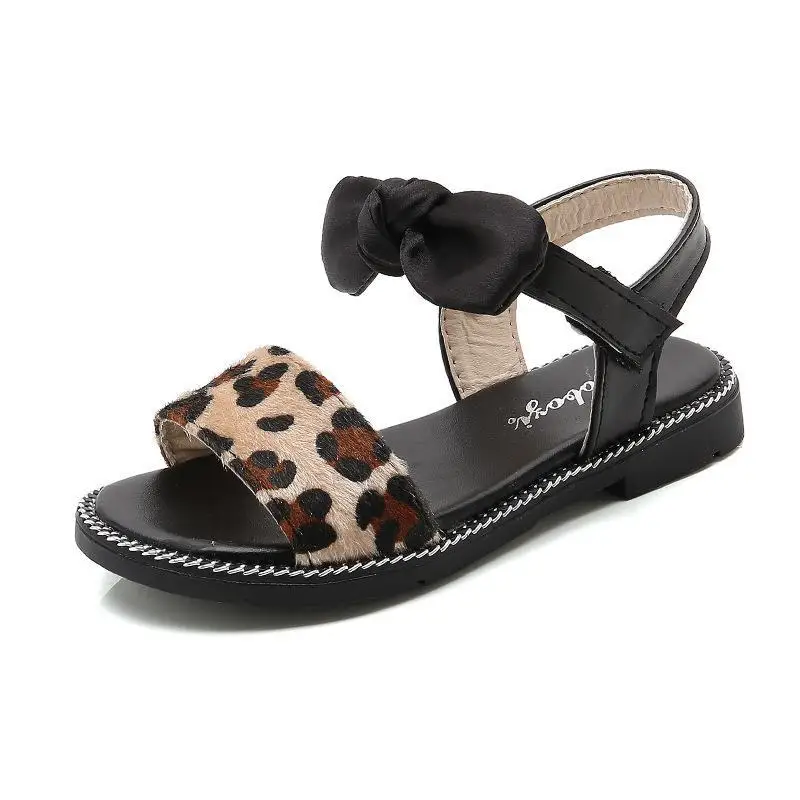 2020 New Girls Sandals Summer Kids Shoes Non-slip Baby Toddler Children Beach Party Black Leopard Bow Princess |