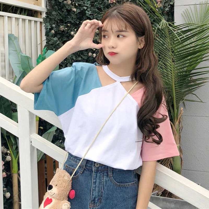 

2021 NEW hot Summer T-Shirt for Women Fashion Patchwork Tops Tshirt Casual Loose Contrast Color Asymmetrical Collar Tee Tops