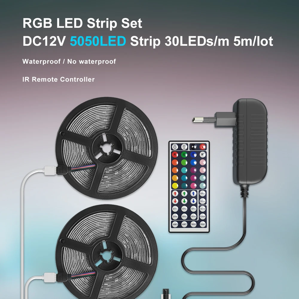 RiRi won SMD5050 RGB светодиодный светильник 5 м 10 м 30 светодиодный s/M DC 12 В лента Диодная Гибкая Водонепроницаемая 44 кнопки контроллер адаптер