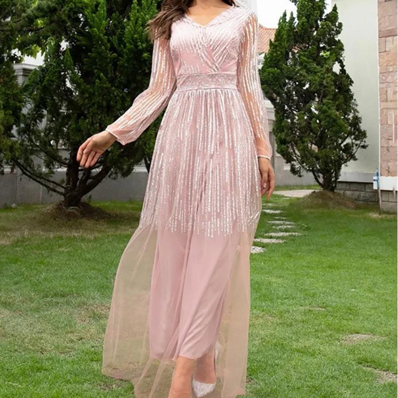 

Mandylandy Sexy Mesh Dress Women Long Sleeve Large Swing Banquet Dress High Waist Backless Party Maxi Dress Vestidos