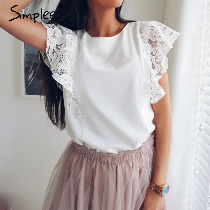 Simplee Элегантный кружевной рюшами с рукавами женский топ рубашкa Повседневная