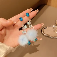 korean sweet flower tassel chain statement drop earring fashion mink fur fluffy hairball dangle earrings for women party jewelry