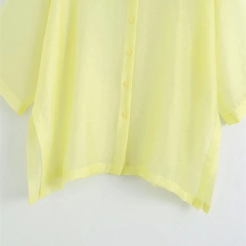 

YOSIBCD Women 2021 Sexy Fashion See Through Organza Loose Blouses Vintage Side Vents Button-up Female Shirts Chic Tops