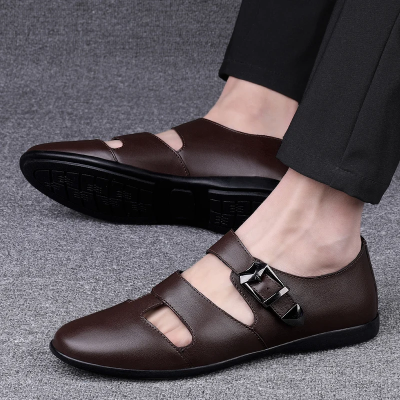 

New Genuine Leather Luxury Designer Summer Mens Sandals Soft Loafers Business Dress Footwear Office Formal Driving Shoes for Men