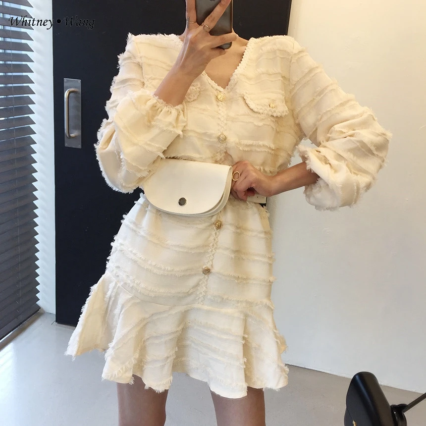 WHITNEY WANG 2020 Весенняя мода уличная одежда рукав фонарик слоистая кисточка мини