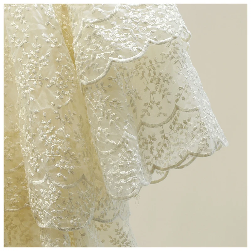 

OverSize Loose Organza Embroidery Top Fashion 3/4 Sleeves Princess Shirt 2021 Summer Laminated Loose Doll Feminine Blouse