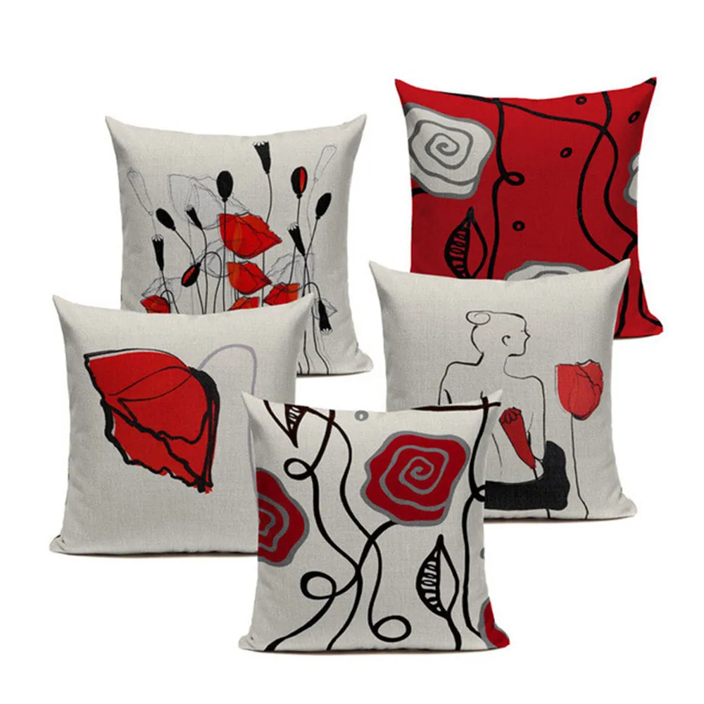 Декоративный креативный чехол для подушки с красными и черными цветами Чехол