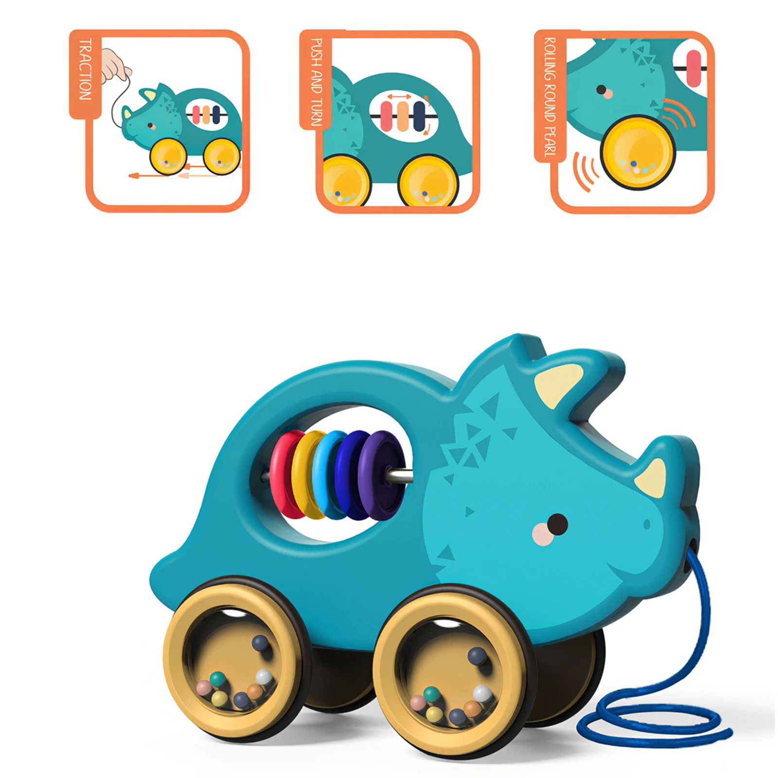 

Baby Pull Walking Toy Creative Drags Car Along Toy Dinosaur Rabbit Animal Pull Rope Toys Toddler Educational Pull-Out Toy Drum