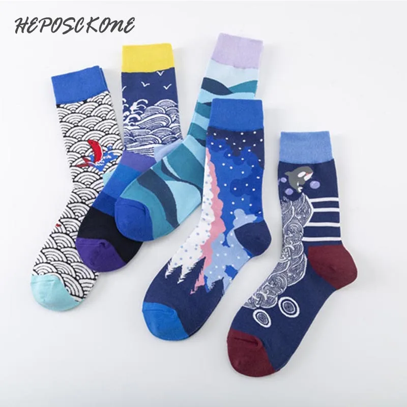 

New Fashion Marine Style Socks National Wind Casual Men Socks Creative Personality Tide 5 Color Combed Cotton Happy Funny Socks
