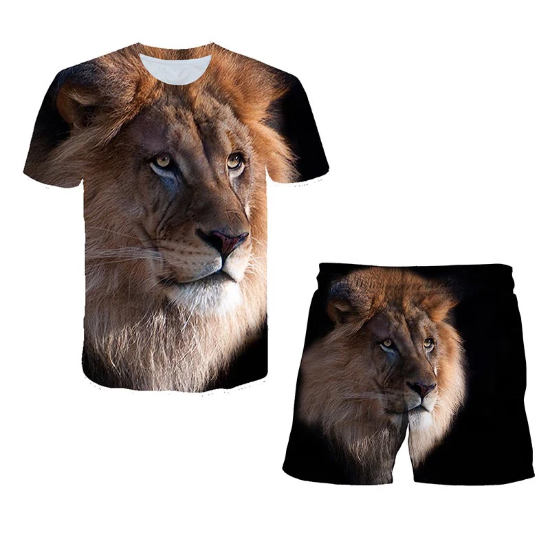 

3D Animal lion Children's T-shirt Suit Boys Girls Clothes Summer Baby Casual Cute Short-sleeve suit + shorts 2-piece set 4T-14T