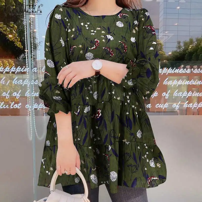 

2021 Elegant Kaftan Printed Shirt Women ZANZEA Spring Autumn Puff Sleeve Tops Casual Office Lady Loose Oversized Blusa Femininas