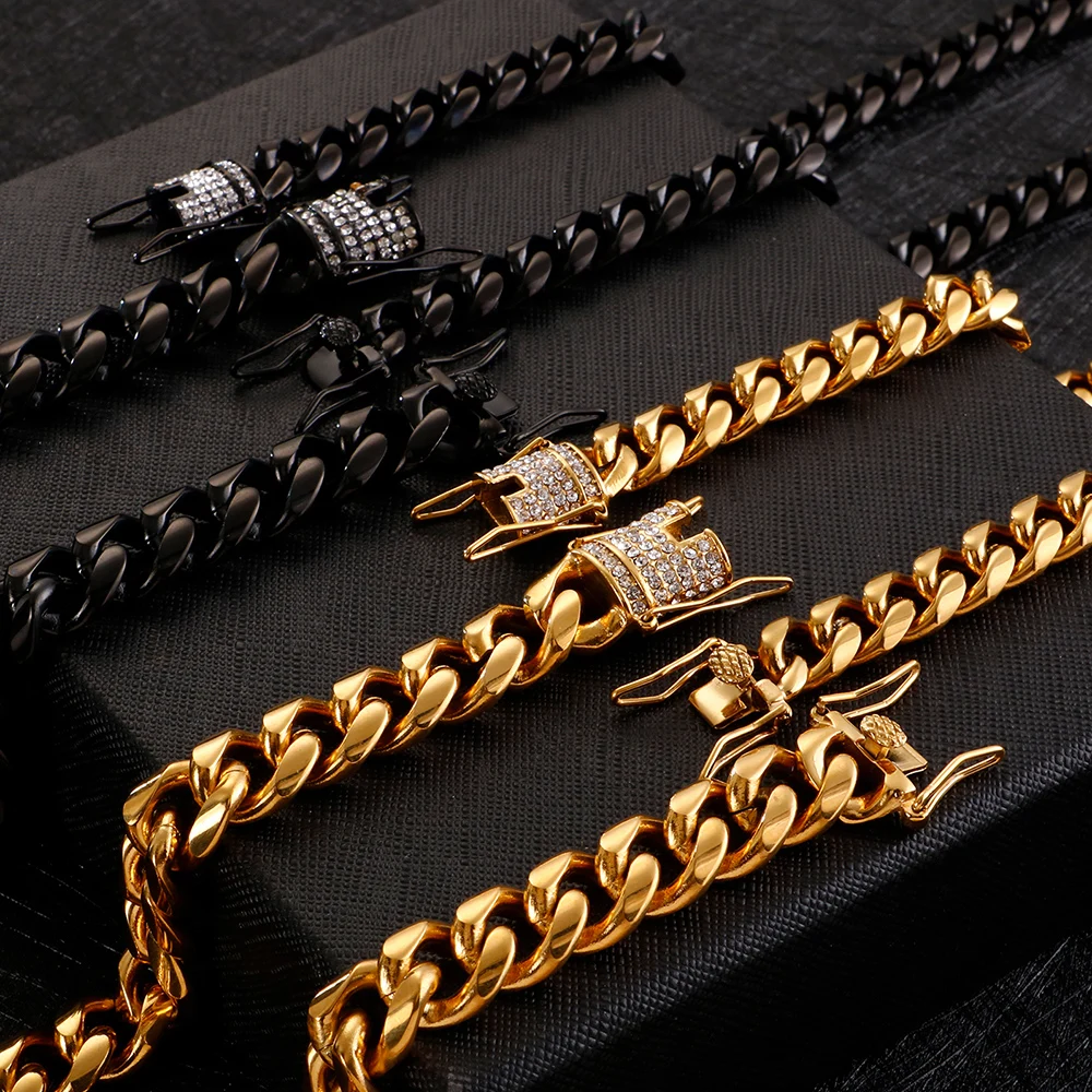 10/13 мм толщиной Для мужчин Майами бордюр кубинская цепь браслет черный