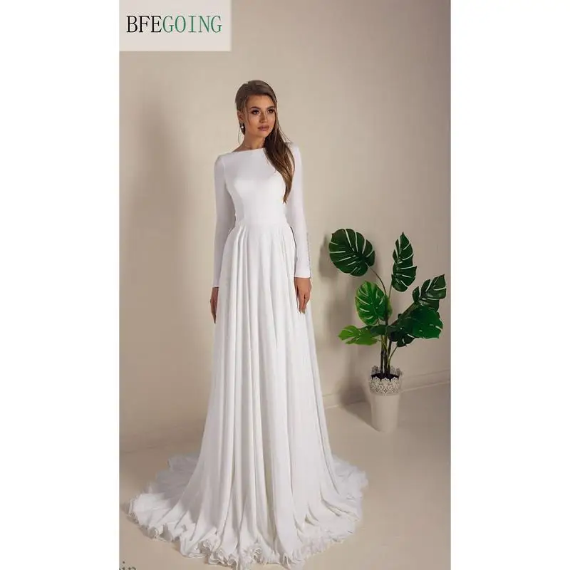 

Ivory Chiffon Long Sleeves Floor-Length A-Line Wedding Dress Chapel Train Custom Made Bridal Gowns