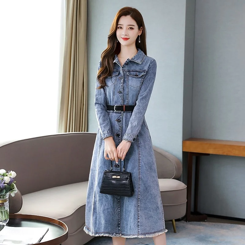 

2021 Autumn New Women Mid Calf Long Dress Vintage Office Ladies Belted Slim Fit Long Sleeve Tassels Single Breasted Denim Dress