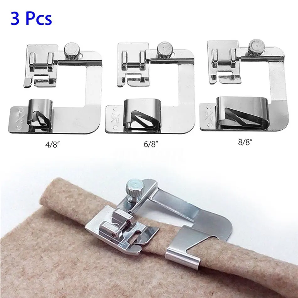

3pcs Wide Rolled Hem Presser Foot Hemmer Set 4/8 6/8 8/8 Sewing Machine Accessories for Low Shank Brother Singer Sewing Machine