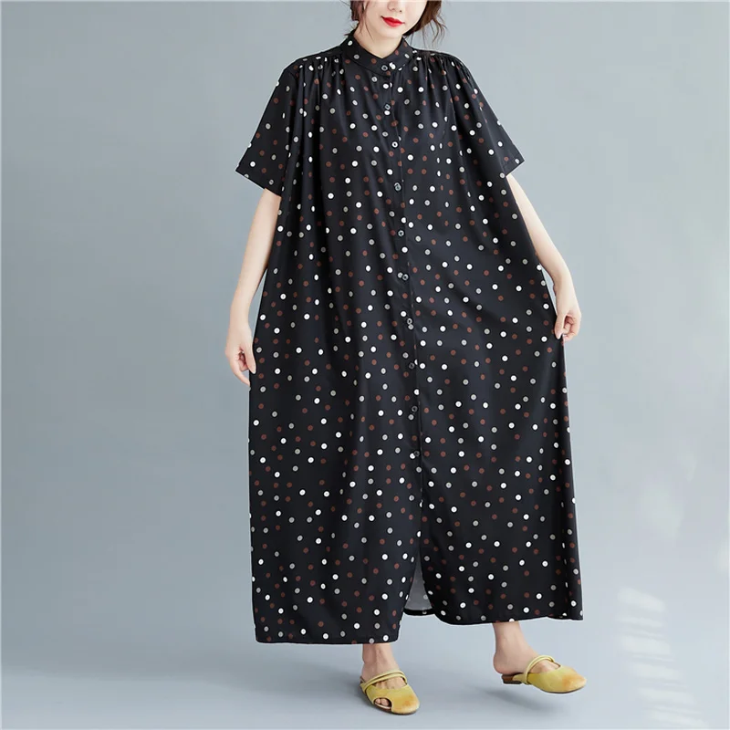 

Plus Size Black Dot Cotton Linen Maxi Sundress 2021 Summer Vintage Korea Women Loose Shirt Dresses Classy Bodycon Party Vestidos