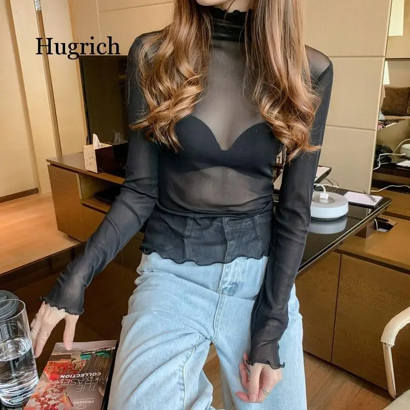 

Spring Summer Women's Sexy See Through Mesh Blouse Long Sleeve Transparent Shining Elegant Shirt Fashion Women Tops 2021