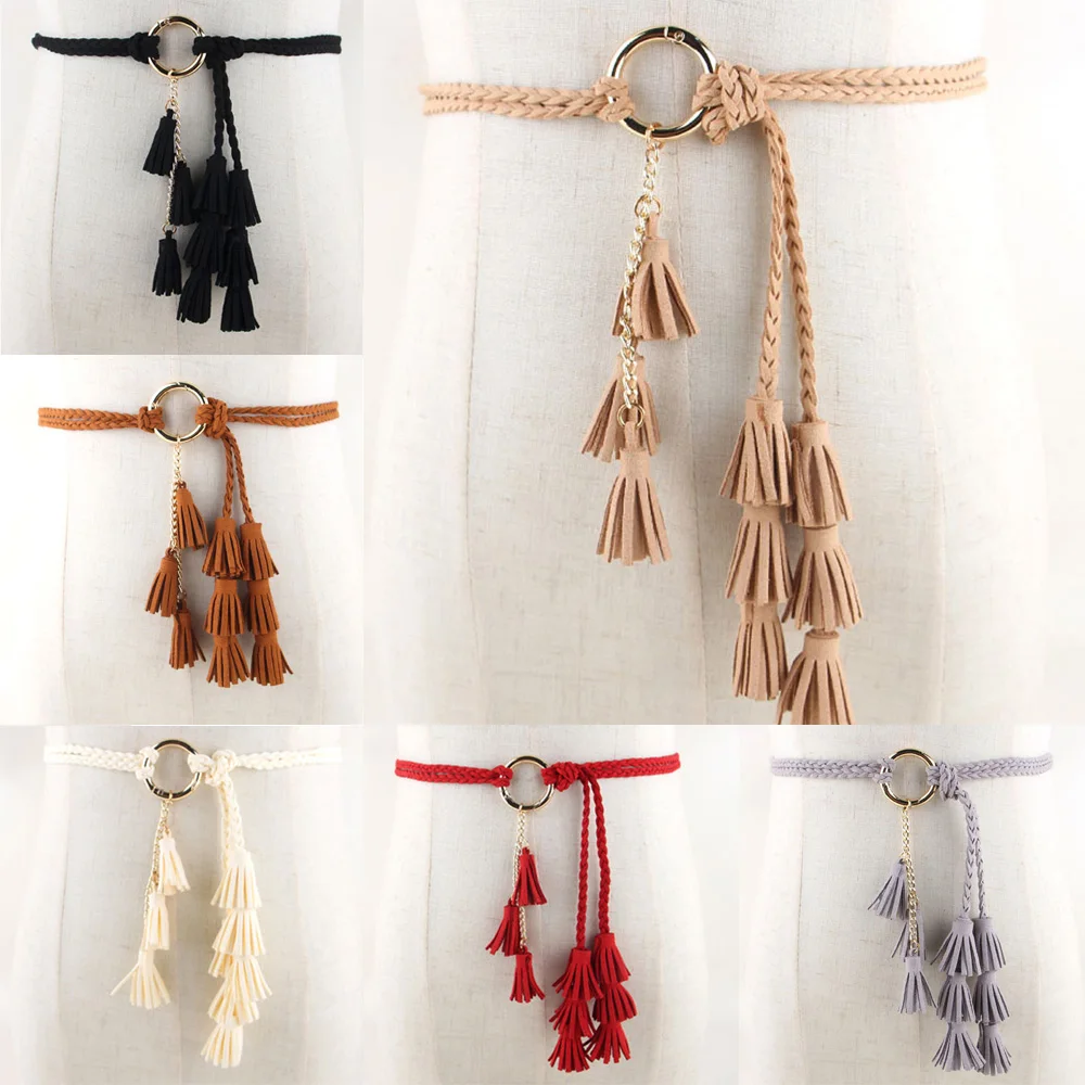 Дамы круглая пряжка Плетеный тощий пояс платье с кисточками поясные