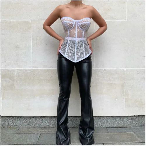 Summer Womens Sexy Strapless Lace Hollow Out Mesh Sheer Blouses Top Sleeveless Shirts Ladies Casual Blouse Party Club Wear Tops | Женская