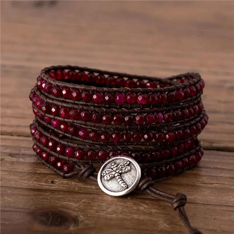 

Handmade Mauve Agate Beaded 5 Wraps Bracelet Boho Natural Stone Beads Bracelet Leather Yoga Jewelry Gift Wholesale Dropshipping
