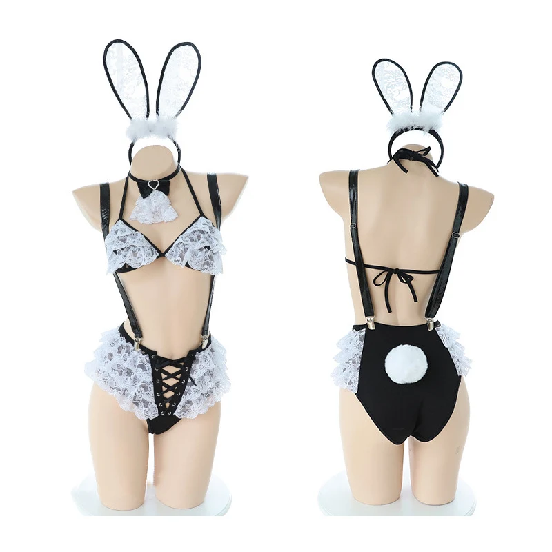 Японский косплей зайчика для девушек Babydoll симпатичный костюм сексуальное, Эротическое белье Комплект бюстгальтер с бретельками открытый промежность черные кружевные трусики милый хвост