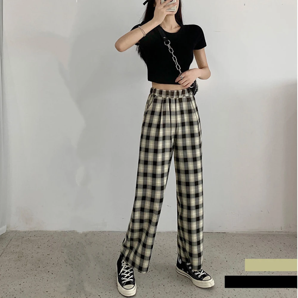 Клетчатые брюки в стиле Харадзюку женские оверсайз с широкими штанинами женская