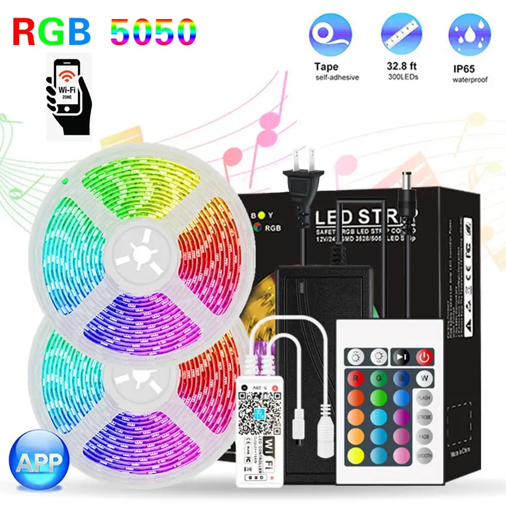 

10 м, Wi-Fi, Управление SMD 5050 RGB Светодиодные ленты светильник Водонепроницаемый Гибкая ленточная лампа IP65 Водонепроницаемый ТВ фон домашний де...
