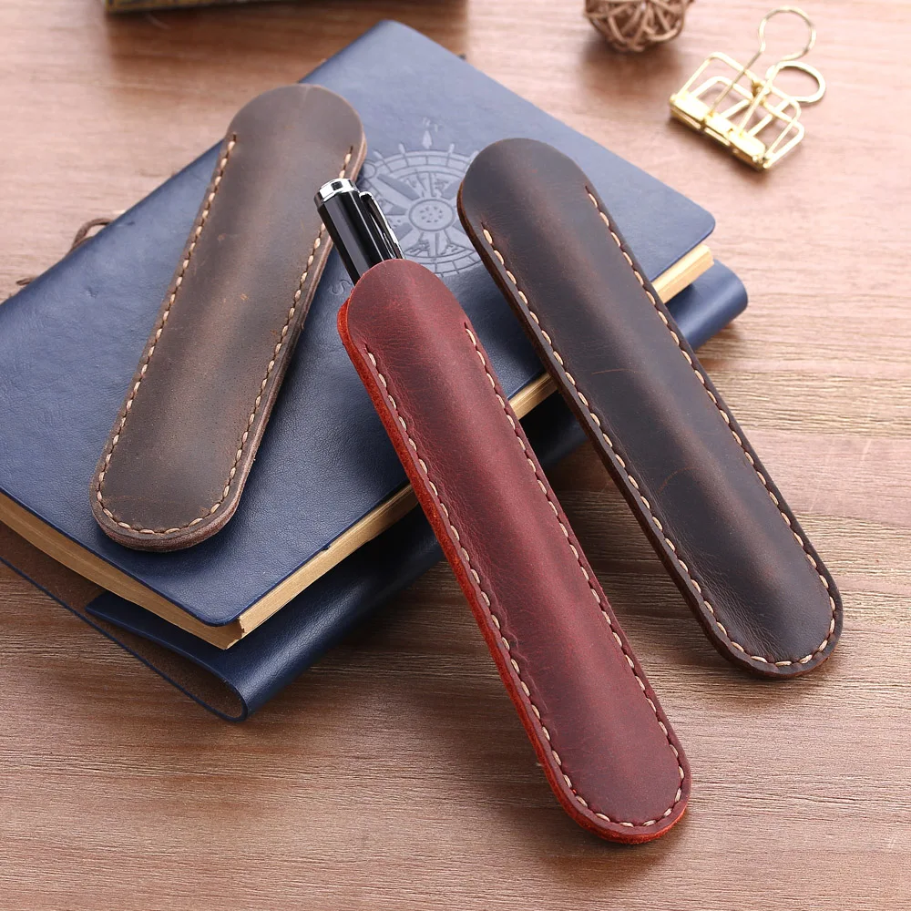 

Handmade Genuine Leather Pencil Bag, Cowhide Fountain Pen Case Holder, Vintage Retro Style Accessories For Travel Journal