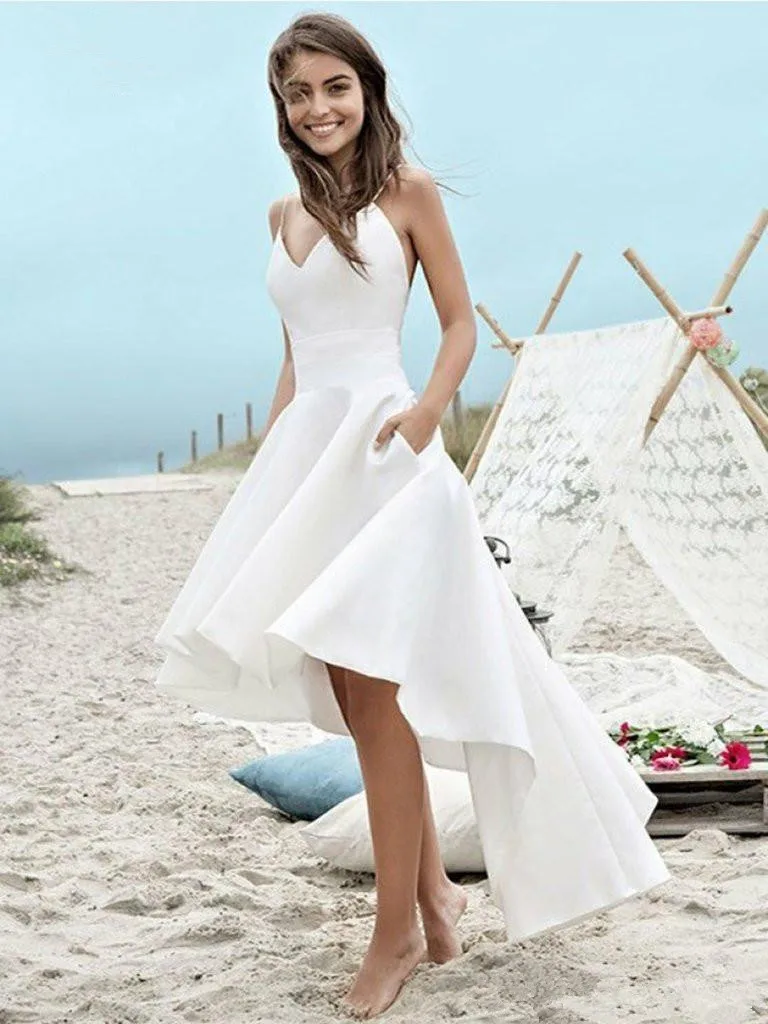 Hi-Lo Sexy Beach Wedding Dresses With Pockets V-Neck Spaghetti Straps Backless 2021 Simple Bridal Gowns Robe De Mariee Cheap | Свадьбы и