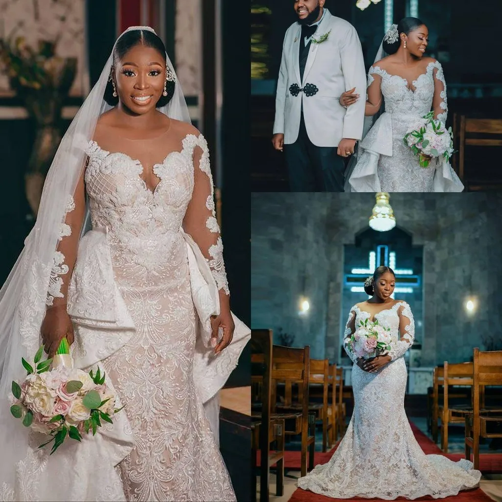 

Размера плюс Африканские свадебные платья с юбкой-годе со съемным шлейфом Кружевная аппликация арабское Aso Ebi иллюзия свадебное платье с дл...