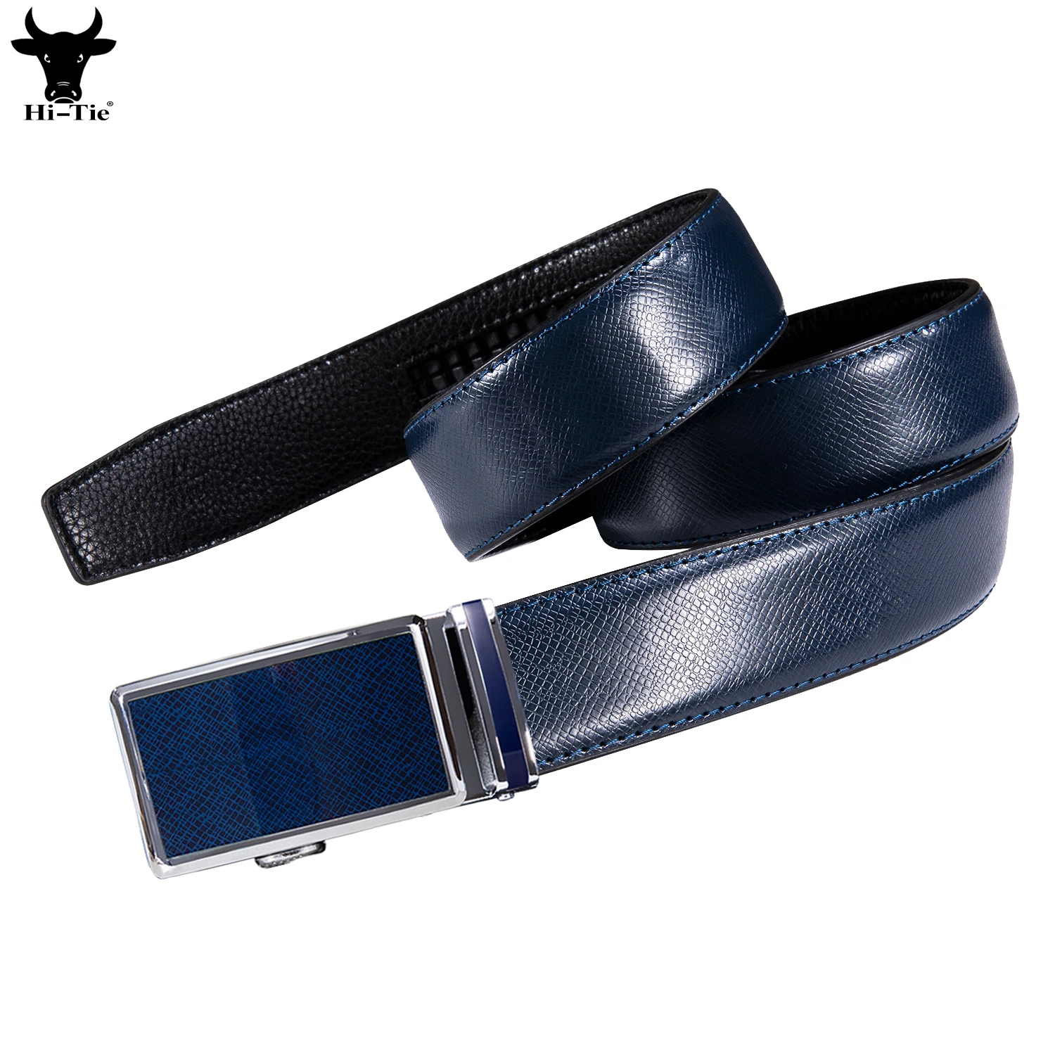 Hi-Tie Blue Navy Genuine Leather Mens Belts Metal Automatic Buckles Ratchet Strap Suit Trousers Adult Waist Belt for Dress Jeans