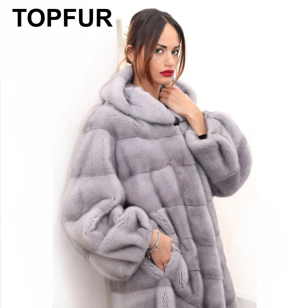 TOPFUR Winter Real Fur Customized Real Fur Jacket Women Natural Real Mink Fur Coats Full Sleeves Coat With Hood Grey Long